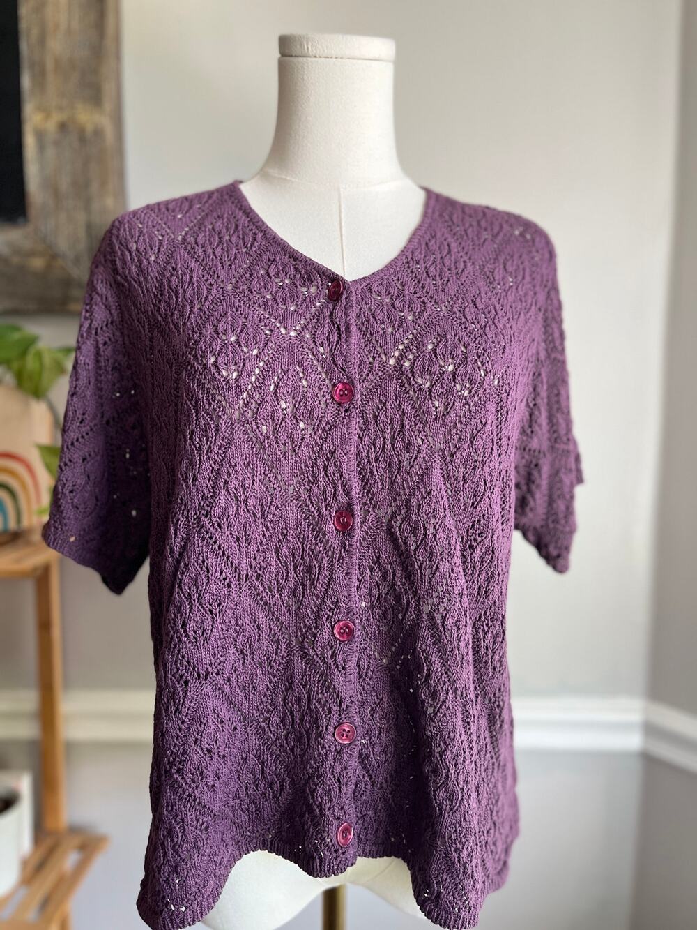 Vintage 90s Purple Knit Blouse Short Sleeve Button Front Size Large